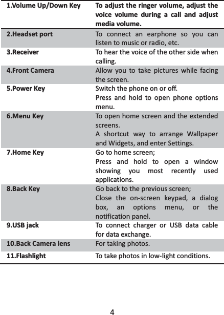 4 11..VVoolluummee  UUpp//DDoowwnn  KKeeyy  TToo  aaddjjuusstt  tthhee  rriinnggeerr  vvoolluummee,,  aaddjjuusstt  tthhee  vvooiiccee  vvoolluummee  dduurriinngg  aa  ccaallll  aanndd  aaddjjuusstt  mmeeddiiaa  vvoolluummee..  22..HHeeaaddsseett  ppoorrtt  TToo  ccoonnnneecctt  aann  eeaarrpphhoonnee  ssoo  yyoouu  ccaann  lliisstteenn  ttoo  mmuussiicc  oorr  rraaddiioo,,  eettcc..  33..RReecceeiivveerr  TToo  hheeaarr  tthhee  vvooiiccee  ooff  tthhee  ootthheerr  ssiiddee  wwhheenn  ccaalllliinngg..  44..FFrroonntt  CCaammeerraa  AAllllooww  yyoouu  ttoo  ttaakkee  ppiiccttuurreess  wwhhiillee  ffaacciinngg  tthhee  ssccrreeeenn..  55..PPoowweerr  KKeeyy  SSwwiittcchh  tthhee  pphhoonnee  oonn  oorr  ooffff..  PPrreessss  aanndd  hhoolldd  ttoo  ooppeenn  pphhoonnee  ooppttiioonnss  mmeennuu..  66..MMeennuu  KKeeyy  TToo  ooppeenn  hhoommee  ssccrreeeenn  aanndd  tthhee  eexxtteennddeedd  ssccrreeeennss..    AA  sshhoorrttccuutt  wwaayy  ttoo  aarrrraannggee  WWaallllppaappeerr  aanndd  WWiiddggeettss,,  aanndd  eenntteerr  SSeettttiinnggss..  77..HHoommee  KKeeyy  GGoo  ttoo  hhoommee  ssccrreeeenn;;  PPrreessss  aanndd  hhoolldd  ttoo  ooppeenn  aa  wwiinnddooww  sshhoowwiinngg  yyoouu  mmoosstt  rreecceennttllyy  uusseedd  aapppplliiccaattiioonnss..  88..BBaacckk  KKeeyy  GGoo  bbaacckk  ttoo  tthhee  pprreevviioouuss  ssccrreeeenn;;  CClloossee  tthhee  oonn--ssccrreeeenn  kkeeyyppaadd,,  aa  ddiiaalloogg  bbooxx,,  aann  ooppttiioonnss  mmeennuu,,  oorr  tthhee  nnoottiiffiiccaattiioonn  ppaanneell..  99..UUSSBB  jjaacckk  TToo  ccoonnnneecctt  cchhaarrggeerr  oorr  UUSSBB  ddaattaa  ccaabbllee  ffoorr  ddaattaa  eexxcchhaannggee..  1100..BBaacckk  CCaammeerraa  lleennss  FFoorr  ttaakkiinngg  pphhoottooss..  1111..FFllaasshhlliigghhtt  TToo  ttaakkee  pphhoottooss  iinn  llooww--lliigghhtt  ccoonnddiittiioonnss..                                                                                                                            