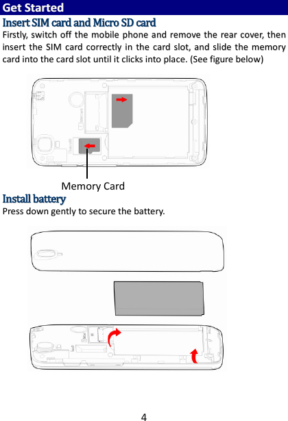4 GGeett  SSttaarrtteedd  IInnsseerrtt  SSIIMM  ccaarrdd  aanndd  MMiiccrroo  SSDD  ccaarrdd  FFiirrssttllyy,,  sswwiittcchh  ooffff  tthhee  mmoobbiillee  pphhoonnee  aanndd  rreemmoovvee  tthhee  rreeaarr  ccoovveerr,,  tthheenn  iinnsseerrtt  tthhee  SSIIMM  ccaarrdd  ccoorrrreeccttllyy  iinn  tthhee  ccaarrdd  sslloott,,  aanndd  sslliiddee  tthhee  mmeemmoorryy  ccaarrdd  iinnttoo  tthhee  ccaarrdd  sslloott  uunnttiill  iitt  cclliicckkss  iinnttoo  ppllaaccee..  ((SSeeee  ffiigguurree  bbeellooww))               IInnssttaallll  bbaatttteerryy  PPrreessss  ddoowwnn  ggeennttllyy  ttoo  sseeccuurree  tthhee  bbaatttteerryy..         Memory Card 