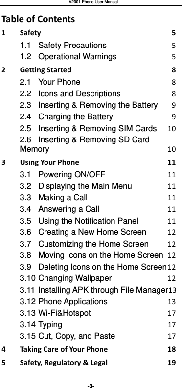   V2001 Phone User Manual -3- Table of Contents 1 Safety  5 1.1 Safety Precautions  5 1.2 Operational Warnings  5 2 Getting Started  8 2.1 Your Phone  8 2.2 Icons and Descriptions  8 2.3 Inserting &amp; Removing the Battery  9 2.4 Charging the Battery  9 2.5 Inserting &amp; Removing SIM Cards 10 2.6 Inserting &amp; Removing SD Card Memory 10 3 Using Your Phone  11 3.1 Powering ON/OFF 11 3.2 Displaying the Main Menu 11 3.3 Making a Call 11 3.4 Answering a Call 11 3.5 Using the Notification Panel 11 3.6 Creating a New Home Screen 12 3.7 Customizing the Home Screen 12 3.8 Moving Icons on the Home Screen 12 3.9 Deleting Icons on the Home Screen 12 3.10 Changing Wallpaper 12 3.11 Installing APK through File Manager13 3.12 Phone Applications 13 3.13 Wi-Fi&amp;Hotspot 17 3.14 Typing 17 3.15 Cut, Copy, and Paste 17 4 Taking Care of Your Phone  18 5 Safety, Regulatory &amp; Legal  19 