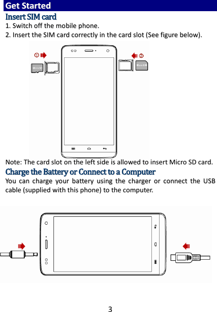 3 GGeett  SSttaarrtteedd  IInnsseerrtt  SSIIMM  ccaarrdd  11..  SSwwiittcchh  ooffff  tthhee  mmoobbiillee  pphhoonnee..  22..  IInnsseerrtt  tthhee  SSIIMM  ccaarrdd  ccoorrrreeccttllyy  iinn  tthhee  ccaarrdd  sslloott  ((SSeeee  ffiigguurree  bbeellooww))..                 NNoottee::  TThhee  ccaarrdd  sslloott  oonn  tthhee  lleefftt  ssiiddee  iiss  aalllloowweedd  ttoo  iinnsseerrtt  MMiiccrroo  SSDD  ccaarrdd..  CChhaarrggee  tthhee  BBaatttteerryy  oorr  CCoonnnneecctt  ttoo  aa  CCoommppuutteerr  YYoouu  ccaann  cchhaarrggee  yyoouurr  bbaatttteerryy  uussiinngg  tthhee  cchhaarrggeerr  oorr  ccoonnnneecctt  tthhee  UUSSBB  ccaabbllee  ((ssuupppplliieedd  wwiitthh  tthhiiss  pphhoonnee))  ttoo  tthhee  ccoommppuutteerr..               