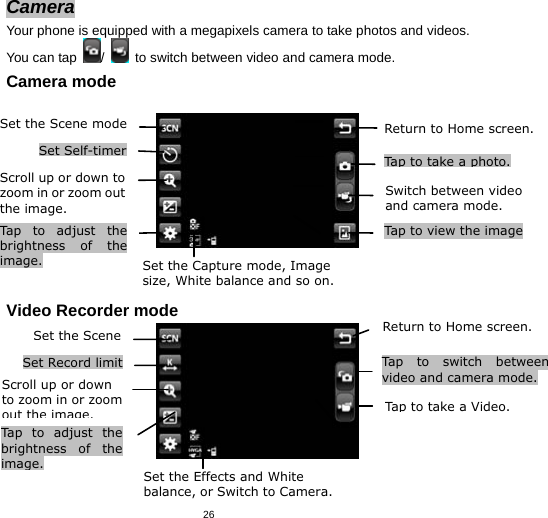   26Camera Your phone is equipped with a megapixels camera to take photos and videos. You can tap  /    to switch between video and camera mode. Camera mode      Video Recorder mode           Set Record limit Return to Home screen.Tap to take a Video.Tap to switch between video and camera mode. Set the SceneScroll up or down to zoom in or zoom out the image. Tap to adjust the brightness of the image.Set the Effects and White balance, or Switch to Camera.Return to Home screen.Tap to takea photo.Switch between videoand camera mode.Tap to view the imageSet the Scene mode Set Self-timer Scroll up or down to zoom in or zoom out the image. Tap to adjust the brightness of the image. Set the Capture mode, Image size, White balance and so on.