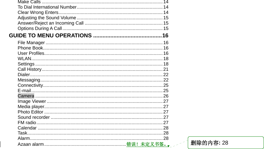    Make Calls .............................................................................................14 To Dial International Number..................................................................14 Clear Wrong Enters................................................................................14 Adjusting the Sound Volume ..................................................................15 Answer/Reject an Incoming Call ............................................................15 Options During A Call.............................................................................15 GUIDE TO MENU OPERATIONS ............................................16 File Manager..........................................................................................16 Phone Book............................................................................................16 User Profiles...........................................................................................16 WLAN.....................................................................................................18 Settings..................................................................................................18 Call History.............................................................................................21 Dialer......................................................................................................22 Messaging..............................................................................................22 Connectivity............................................................................................25 E-mail.....................................................................................................25 Camera ..................................................................................................26 Image Viewer .........................................................................................27 Media player...........................................................................................27 Photo Editor ...........................................................................................27 Sound recorder ......................................................................................27 FM radio.................................................................................................27 Calendar ................................................................................................28 Task........................................................................................................28 Alarm......................................................................................................28 Azaan alarm...............................................................错误！未定义书签。 删除的内容: 28