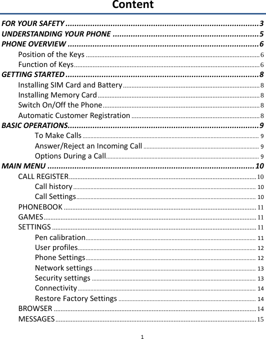 1ContentFORYOURSAFETY......................................................................................3UNDERSTANDINGYOURPHONE.................................................................5PHONEOVERVIEW.....................................................................................6PositionoftheKeys ....................................................................................................... 6 FunctionofKeys ..............................................................................................................  6 GETTINGSTARTED......................................................................................8InstallingSIMCardandBattery ................................................................................. 8 InstallingMemoryCard ................................................................................................ 8 SwitchOn/OffthePhone .............................................................................................  8 AutomaticCustomerRegistration ............................................................................ 8 BASICOPERATIONS.....................................................................................9ToMakeCalls.................................................................................................................9Answer/RejectanIncomingCall..........................................................................9OptionsDuringaCall..................................................................................................9MAINMENU............................................................................................10CALLREGISTER ...............................................................................................................  10 Callhistory.....................................................................................................................10CallSettings...................................................................................................................10PHONEBOOK .................................................................................................................. 11 GAMES .............................................................................................................................. 11 SETTINGS ......................................................................................................................... 11 Pencalibration.............................................................................................................11Userprofiles..................................................................................................................12PhoneSettings.............................................................................................................12Networksettings........................................................................................................13Securitysettings.........................................................................................................13Connectivity..................................................................................................................14RestoreFactorySettings........................................................................................14BROWSER ........................................................................................................................ 14 MESSAGES ....................................................................................................................... 15 