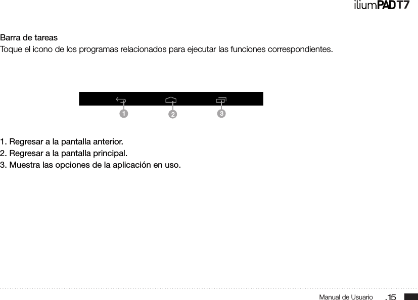 .15Manual de UsuarioT7Barra de tareasToque el icono de los programas relacionados para ejecutar las funciones correspondientes.1. Regresar a la pantalla anterior.2. Regresar a la pantalla principal.3.  Muestra las opciones de la aplicación en uso.123