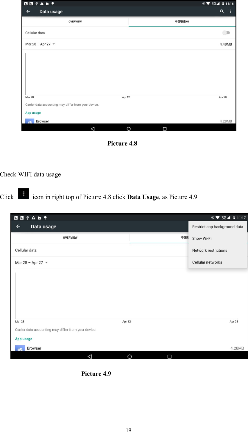 19Picture 4.8Check WIFI data usageClick icon in right top of Picture 4.8 click Data Usage, as Picture 4.9Picture 4.9