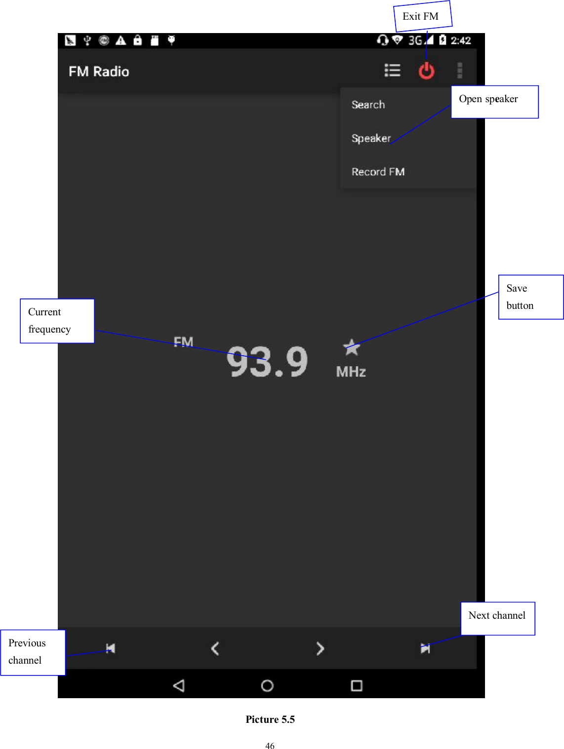 46Picture 5.5Open speakerSavebuttonPreviouschannelNext channelCurrentfrequencyExit FM
