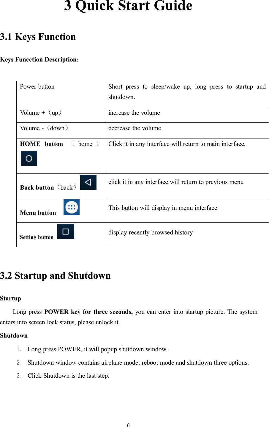 63 Quick Start Guide3.1 Keys FunctionKeys Funcction Description：Power buttonShort press to sleep/wake up, long press to startup andshutdown.Volume +（up）increase the volumeVolume -（down）decrease the volumeHOME button （home ）Click it in any interface will return to main interface.Back button（back）click it in any interface will return to previous menuMenu buttonThis button will display in menu interface.Setting buttondisplay recently browsed history3.2 Startup and ShutdownStartupLong press POWER key for three seconds, you can enter into startup picture. The systementers into screen lock status, please unlock it.Shutdown1． Long press POWER, it will popup shutdown window.2． Shutdown window contains airplane mode, reboot mode and shutdown three options.3． Click Shutdown is the last step.