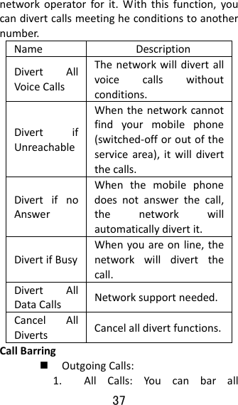 37  networkoperatorforit.Withthisfunction,youcandivertcallsmeetingheconditionstoanothernumber.NameDescriptionDivertAllVoiceCallsThenetworkwilldivertallvoicecallswithoutconditions.DivertifUnreachableWhenthenetworkcannotfindyourmobilephone(switched‐offoroutoftheservicearea),itwilldivertthecalls.DivertifnoAnswerWhenthemobilephonedoesnotanswerthecall,thenetworkwillautomaticallydivertit.DivertifBusyWhenyouareonline,thenetworkwilldivertthecall.DivertAllDataCalls Networksupportneeded.CancelAllDivertsCancelalldivertfunctions.CallBarring OutgoingCalls:1. AllCalls:Youcanbarall