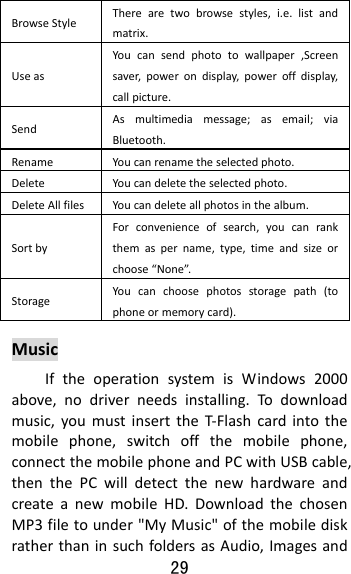 29  BrowseStyleTherearetwobrowsestyles,i.e.listandmatrix.UseasYoucansendphototowallpaper,Screensaver,powerondisplay,poweroffdisplay,callpicture.SendAsmultimediamessage;asemail;viaBluetooth.RenameYoucanrenametheselectedphoto.DeleteYoucandeletetheselectedphoto.DeleteAllfilesYoucandeleteallphotosinthealbum.SortbyForconvenienceofsearch,youcanrankthemaspername,type,timeandsizeorchoose“None”.Storage Youcanchoosephotosstoragepath(tophoneormemorycard).MusicIftheoperationsystemisWindows2000above,nodriverneedsinstalling.To downloadmusic,youmustinserttheT‐Flashcardintothemobilephone,switchoffthemobilephone,connectthemobilephoneandPCwithUSBcable,thenthePCwilldetectthenewhardwareandcreateanewmobileHD.DownloadthechosenMP3filetounder&quot;MyMusic&quot;ofthemobilediskratherthaninsuchfoldersasAudio,Imagesand
