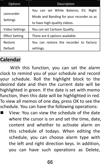 66  OptionsDescriptioncamcorderSettingsYoucansetWhiteBalance,EV,NightModeandBandingforyourrecordersoastohavehigh‐qualityvideos.VideoSettings YoucansetCartoonQuality.EffectSettingThereare6optionsavailable.RestoreDefaultYoucanrestoretherecordertofactorysettings.CalendarWiththisfunction,youcansetthealarmclocktoremindyouofyourscheduleandrecordyourschedule.Rollthehighlightblocktothedesireddateandthenthecurrentdatewillbehighlightedingreen.Ifthedateissetwithmemofunction,thenthisdatewillbehighlightedinred.Toviewallmemosofoneday,pressOKtoseetheschedule.Youcanhavethefollowingoperations: View:Youcanviewthescheduleofthedatewherethecursorisonandsetthetime,date,contentandwhethertoactivatealarmonthisscheduleoftodays.Wheneditingtheschedule,youcanchoosealarmtypewiththeleftandrightdirectionkeys.Inaddition,youcanhavesuchoperationsasDelete,