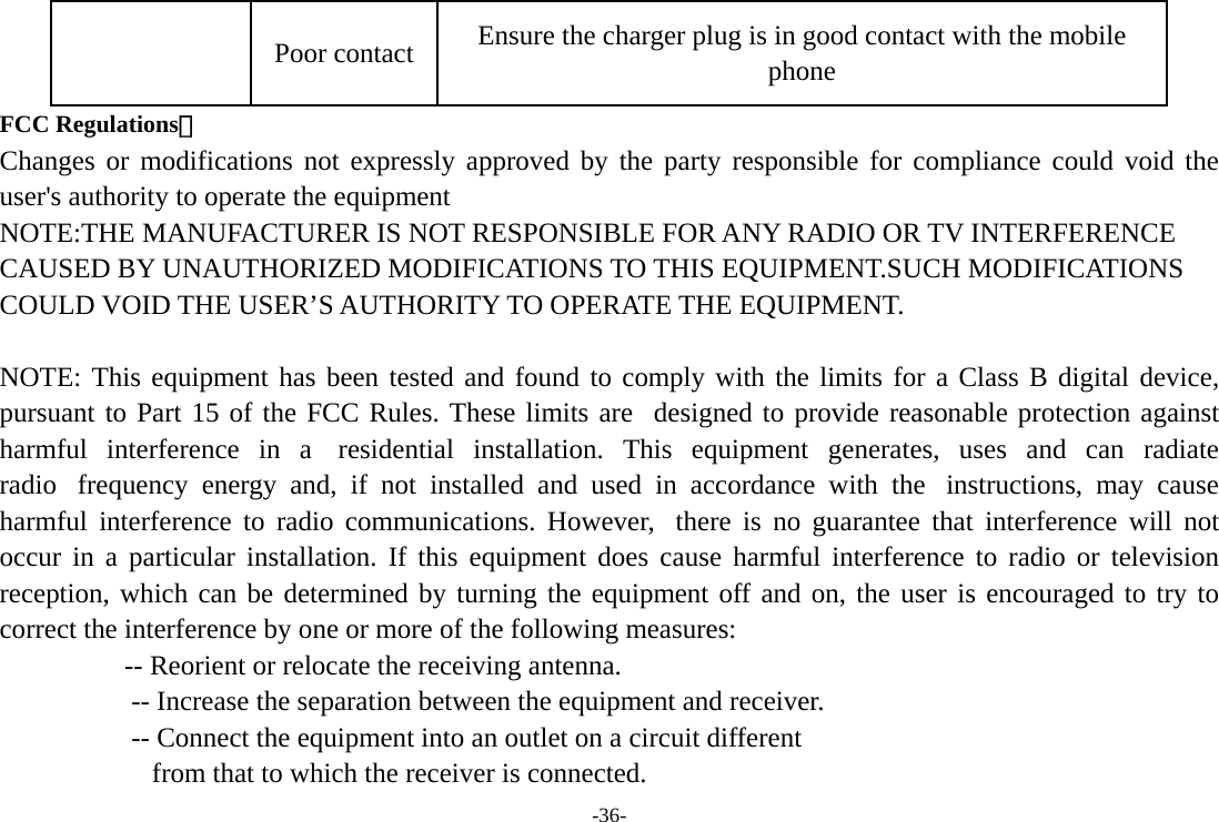 -36- FCC Regulations： Changes or modifications not expressly approved by the party responsible for compliance could void the user&apos;s authority to operate the equipment   NOTE:THE MANUFACTURER IS NOT RESPONSIBLE FOR ANY RADIO OR TV INTERFERENCE CAUSED BY UNAUTHORIZED MODIFICATIONS TO THIS EQUIPMENT.SUCH MODIFICATIONS COULD VOID THE USER’S AUTHORITY TO OPERATE THE EQUIPMENT.   NOTE: This equipment has been tested and found to comply with the limits for a Class B digital device, pursuant to Part 15 of the FCC Rules. These limits are  designed to provide reasonable protection against harmful interference in a  residential installation. This equipment generates, uses and can radiate radio  frequency energy and, if not installed and used in accordance with the  instructions, may cause harmful interference to radio communications. However,  there is no guarantee that interference will not occur in a particular installation. If this equipment does cause harmful interference to radio or television reception, which can be determined by turning the equipment off and on, the user is encouraged to try to correct the interference by one or more of the following measures:                     -- Reorient or relocate the receiving antenna.                      -- Increase the separation between the equipment and receiver.                         -- Connect the equipment into an outlet on a circuit different                         from that to which the receiver is connected.   Poor contact  Ensure the charger plug is in good contact with the mobile phone 