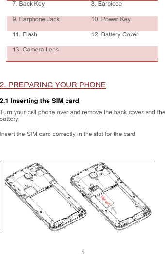 4 7. Back Key 8. Earpiece 9. Earphone Jack 10. Power Key 11. Flash 12. Battery Cover 13. Camera Lens   2. PREPARING YOUR PHONE 2.1 Inserting the SIM card Turn your cell phone over and remove the back cover and the battery. Insert the SIM card correctly in the slot for the card      