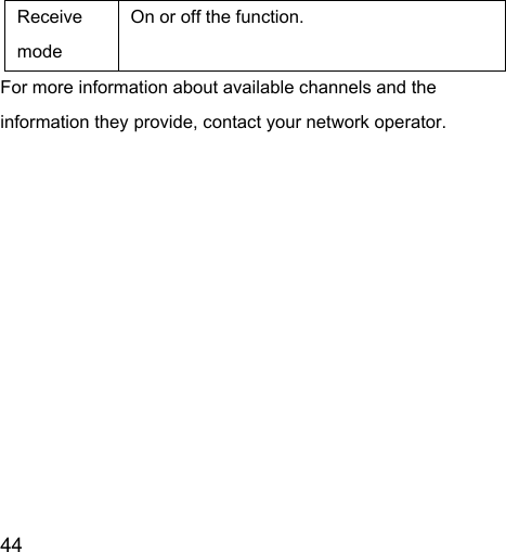  44  Receive mode On or off the function. For more information about available channels and the information they provide, contact your network operator. 