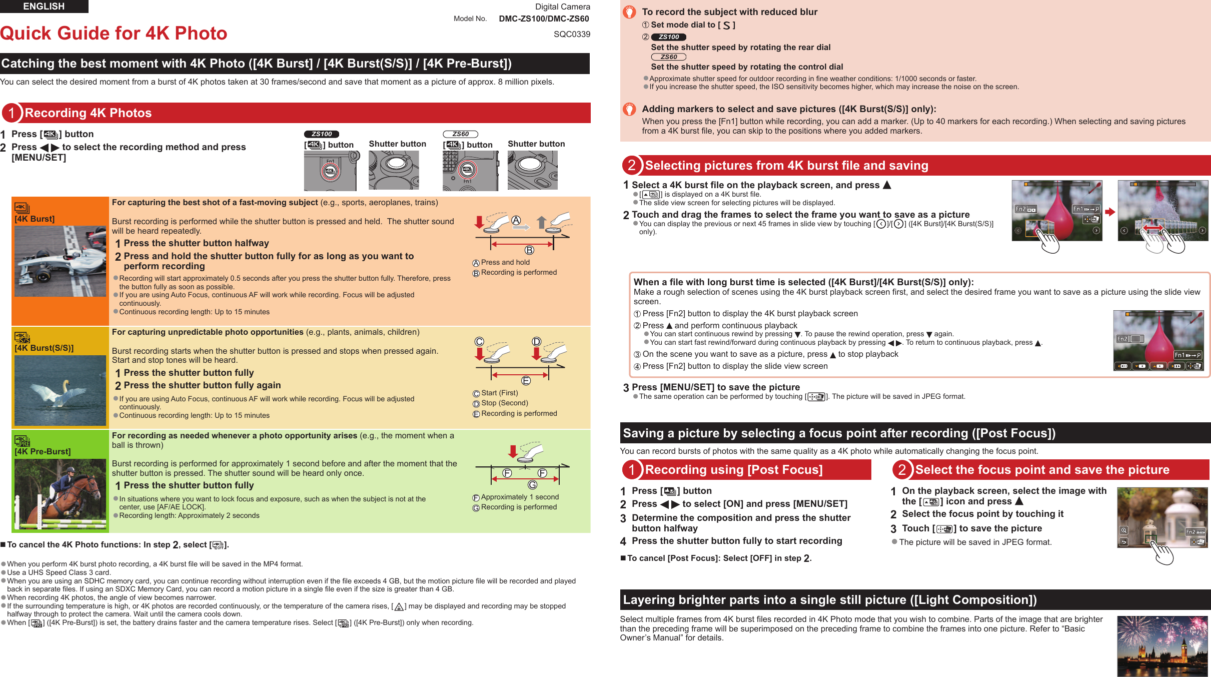 Page 1 of 2 - Panasonic  DMC-ZS60 - Quick Guide For 4K Photo DMC-ZS100 QG EN