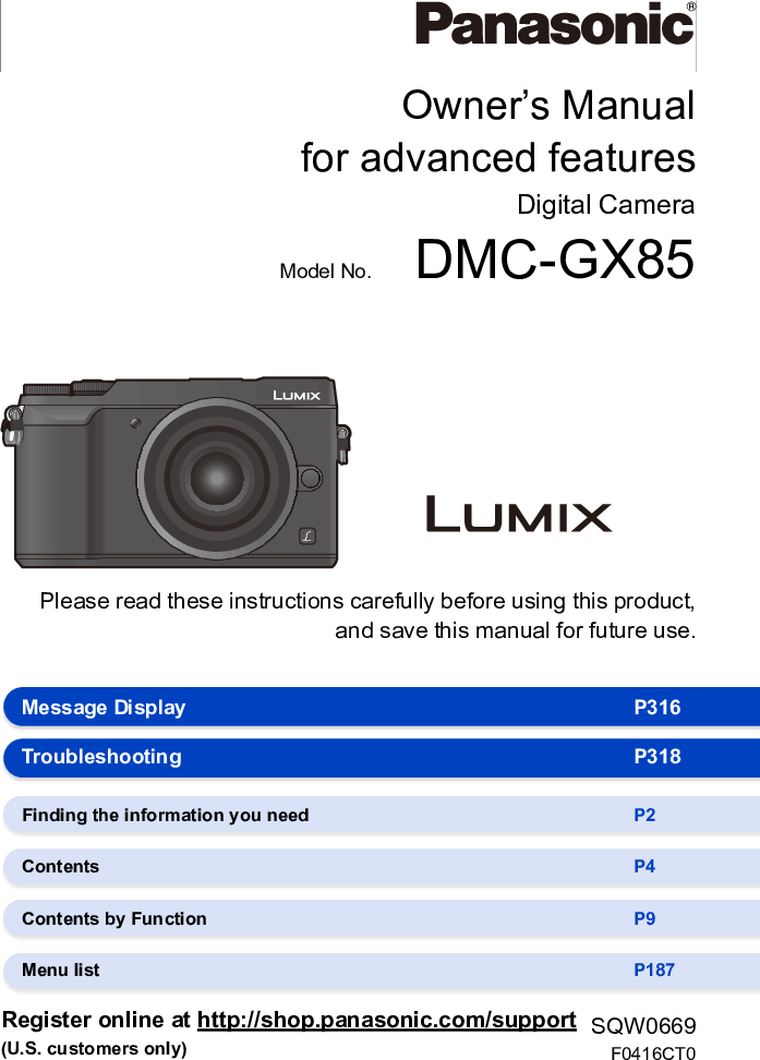 Panasonic DMC GX85 GX 85 Owner’s Manual For Advanced Features En Adv Om