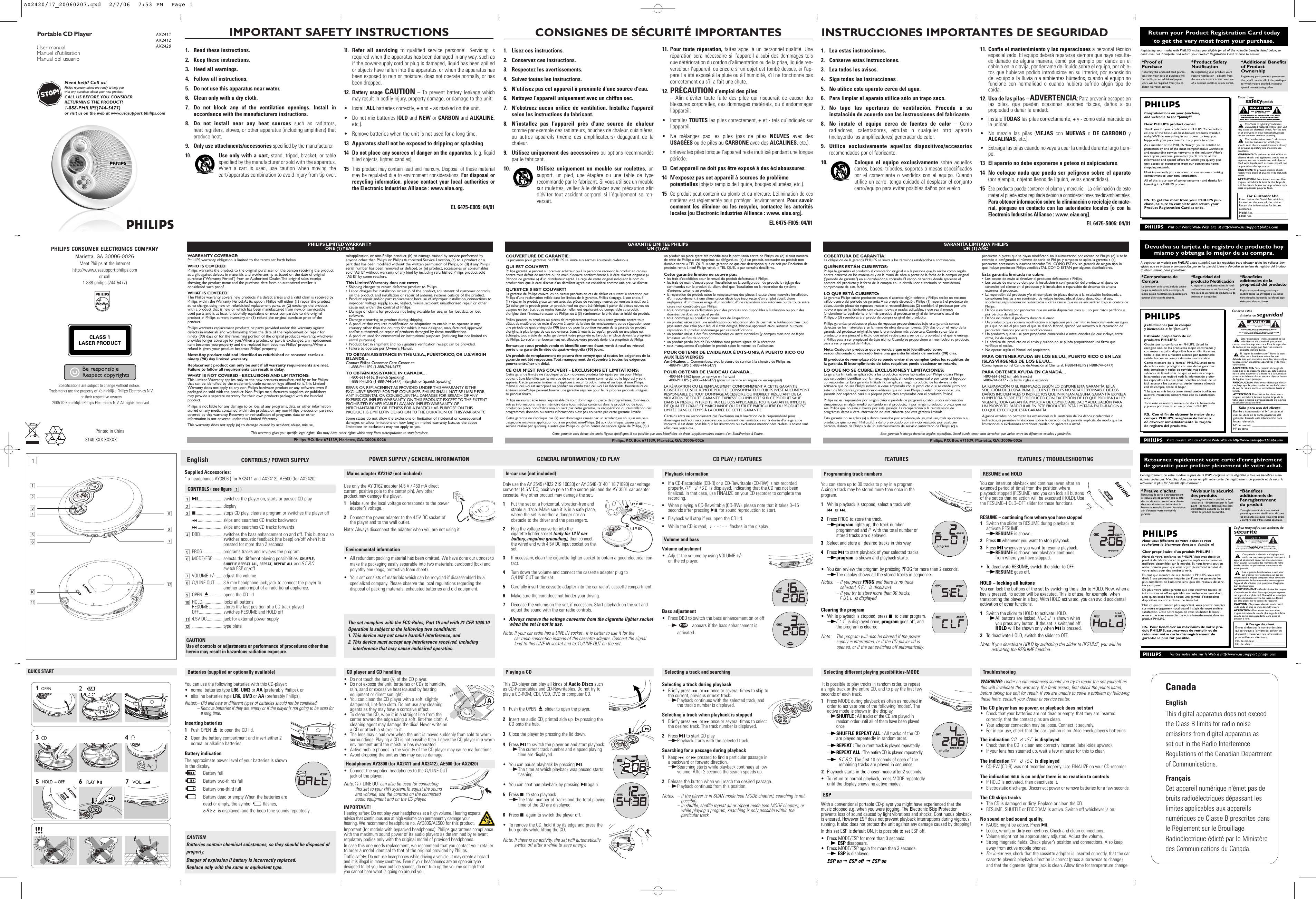 Philips Ax2420 17 20060207 Ax 2412 Operating Instructions