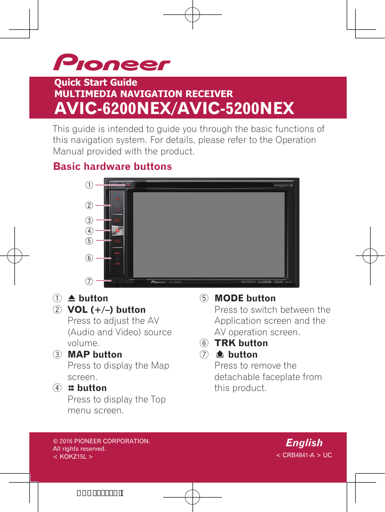 Page 1 of 8 - Pioneer  AVIC 6201 NEX - Quick Start Guide AVIC-6200NEX 5200NEX QSG EN