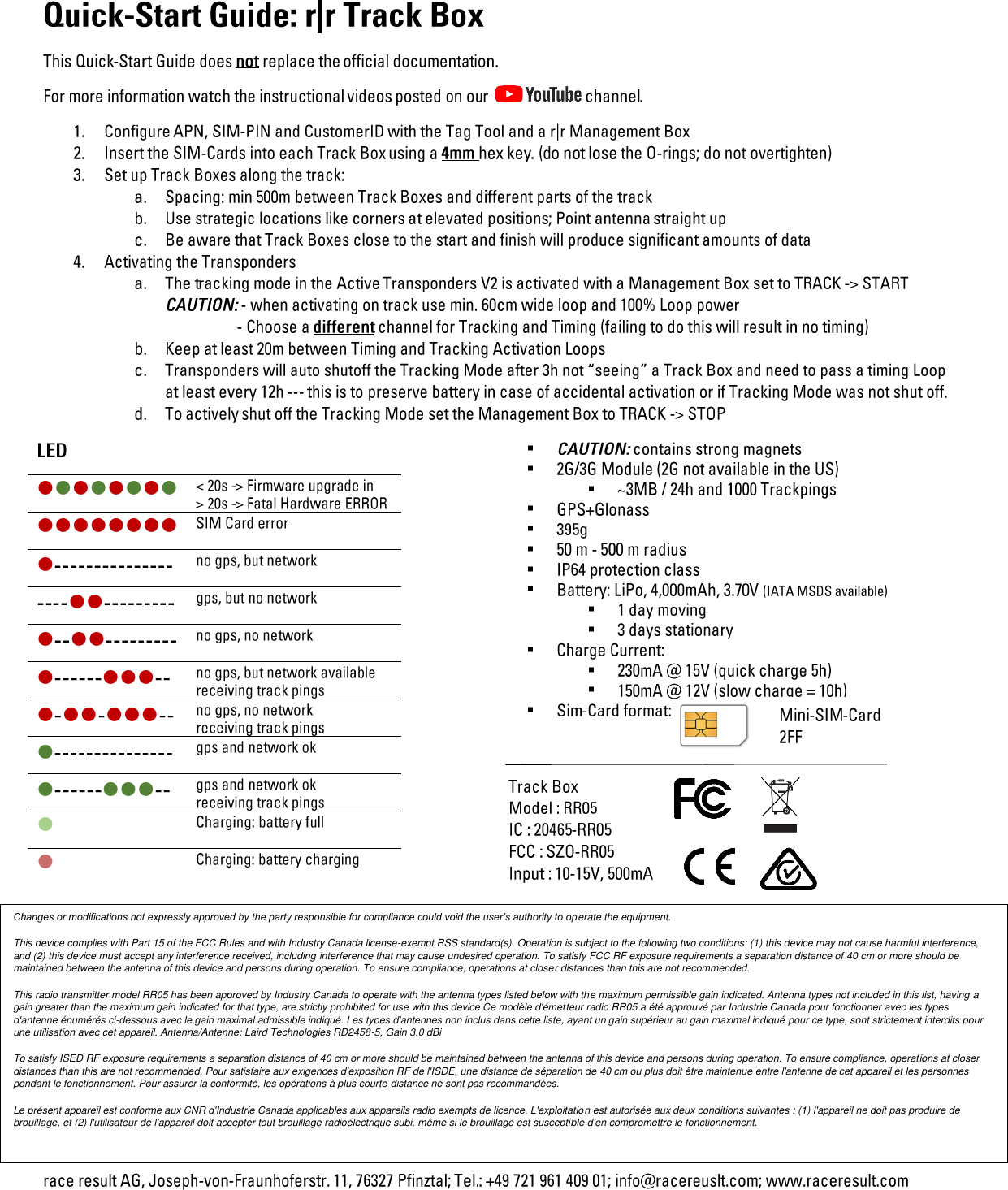             ⚫⚫⚫⚫⚫⚫⚫⚫⚫⚫⚫⚫⚫⚫⚫⚫⚫⚫⚫⚫ ⚫⚫⚫ ⚫⚫⚫⚫ ⚫⚫ ⚫⚫⚫⚫⚫ ⚫⚫⚫⚫⚫▪ ▪ ▪ ▪ ▪ ▪ ▪ ▪ ▪ ▪ ▪ ▪ ▪ ▪  Changes or modifications not expressly approved by the party responsible for compliance could void the user’s authority to operate the equipment. This device complies with Part 15 of the FCC Rules and with Industry Canada license-exempt RSS standard(s). Operation is subject to the following two conditions: (1) this device may not cause harmful interference, and (2) this device must accept any interference received, including interference that may cause undesired operation. To satisfy FCC RF exposure requirements a separation distance of 40 cm or more should be maintained between the antenna of this device and persons during operation. To ensure compliance, operations at closer distances than this are not recommended. This radio transmitter model RR05 has been approved by Industry Canada to operate with the antenna types listed below with the maximum permissible gain indicated. Antenna types not included in this list, having a gain greater than the maximum gain indicated for that type, are strictly prohibited for use with this device Ce modèle d&apos;émetteur radio RR05 a été approuvé par Industrie Canada pour fonctionner avec les types d&apos;antenne énumérés ci-dessous avec le gain maximal admissible indiqué. Les types d&apos;antennes non inclus dans cette liste, ayant un gain supérieur au gain maximal indiqué pour ce type, sont strictement interdits pour une utilisation avec cet appareil. Antenna/Antenne: Laird Technologies RD2458-5, Gain 3.0 dBi To satisfy ISED RF exposure requirements a separation distance of 40 cm or more should be maintained between the antenna of this device and persons during operation. To ensure compliance, operations at closer distances than this are not recommended. Pour satisfaire aux exigences d&apos;exposition RF de l&apos;ISDE, une distance de séparation de 40 cm ou plus doit être maintenue entre l&apos;antenne de cet appareil et les personnes pendant le fonctionnement. Pour assurer la conformité, les opérations à plus courte distance ne sont pas recommandées. Le présent appareil est conforme aux CNR d&apos;Industrie Canada applicables aux appareils radio exempts de licence. L&apos;exploitation est autorisée aux deux conditions suivantes : (1) l&apos;appareil ne doit pas produire de brouillage, et (2) l&apos;utilisateur de l&apos;appareil doit accepter tout brouillage radioélectrique subi, même si le brouillage est susceptible d&apos;en compromettre le fonctionnement.   