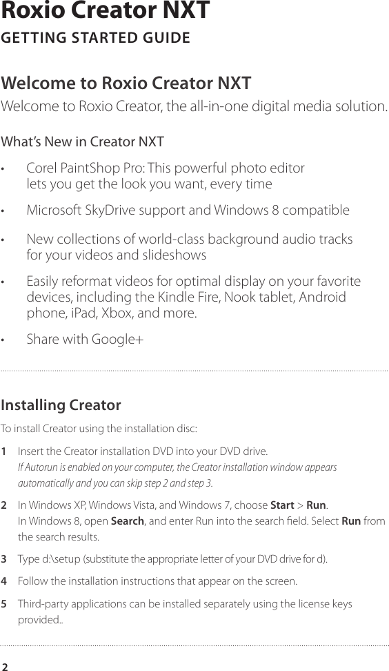 Page 2 of 6 - Roxio Creator NXT Getting Started Guide - Pro CNXT GSG ENU