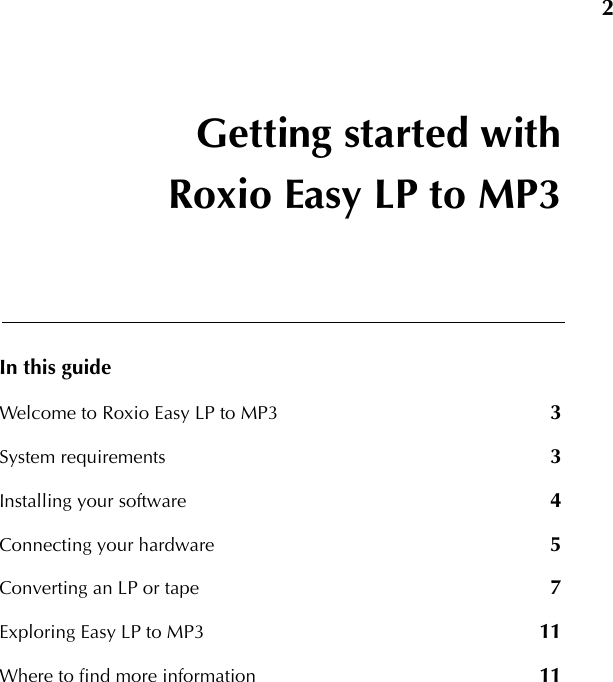 Page 2 of 11 - Roxio Easy LP To MP3 Getting Started Guide - Quick Start Manual Qsg ENU