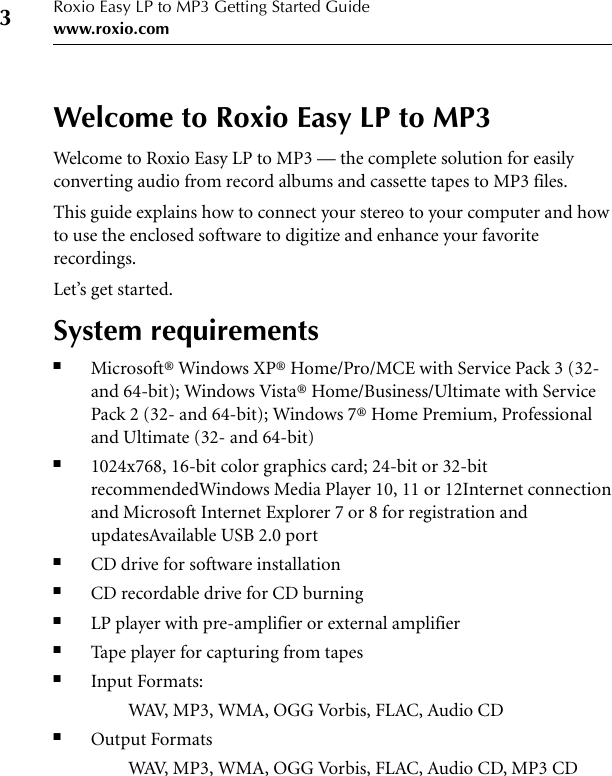 Page 3 of 11 - Roxio Easy LP To MP3 Getting Started Guide - Quick Start Manual Qsg ENU