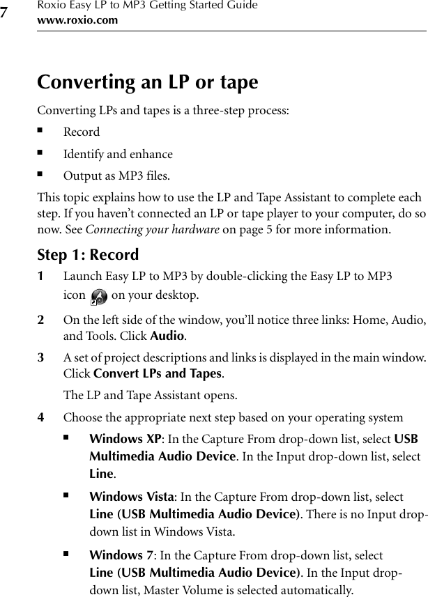 Page 7 of 11 - Roxio Easy LP To MP3 Getting Started Guide - Quick Start Manual Qsg ENU