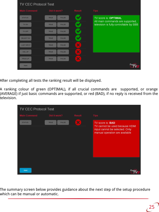 After completing all tests the ranking result will be displayed.A  ranking   colour   of green   (OPTIMAL),   if all  crucial   commands   are   supported, or   orange  (AVERAGE) if just basic commands are supported, or red (BAD), if no reply is received from the  television.The summary screen below provides guidance about the next step of the setup procedure which can be manual or automatic. 25   