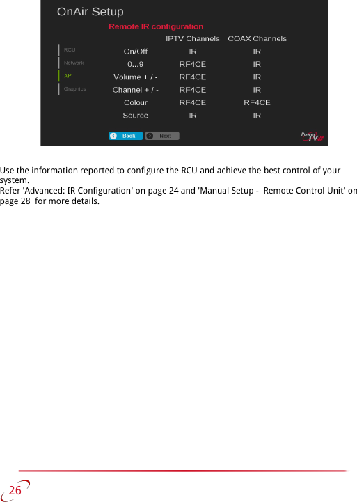 Use the information reported to configure the RCU and achieve the best control of your system.Refer &apos;Advanced: IR Configuration&apos; on page 24 and &apos;Manual Setup -  Remote Control Unit&apos; on page 28  for more details.   26