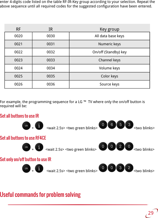 enter 4-digits code listed on the table RF-IR-Key group according to your selection. Repeat the above sequence until all required codes for the suggested configuration have been entered.RF IR Key group0020 0030 All data base keys0021 0031 Numeric keys0022 0032 On/off (Standby) key0023 0033 Channel keys0024 0034 Volume keys0025 0035 Color keys0026 0036 Source keysFor example, the programming sequence for a LG ™  TV where only the on/off button is required will be:Set all buttons to use IR +     &lt;wait 2.5s&gt; &lt;two green blinks&gt;  &lt;two blinks&gt;Set all buttons to use RF4CE +    &lt;wait 2.5s&gt; &lt;two green blinks&gt;   &lt;two blinks&gt;   Set only on/off button to use IR +     &lt;wait 2.5s&gt; &lt;two green blinks&gt;  &lt;two blinks&gt;Useful commands for problem solving 29   