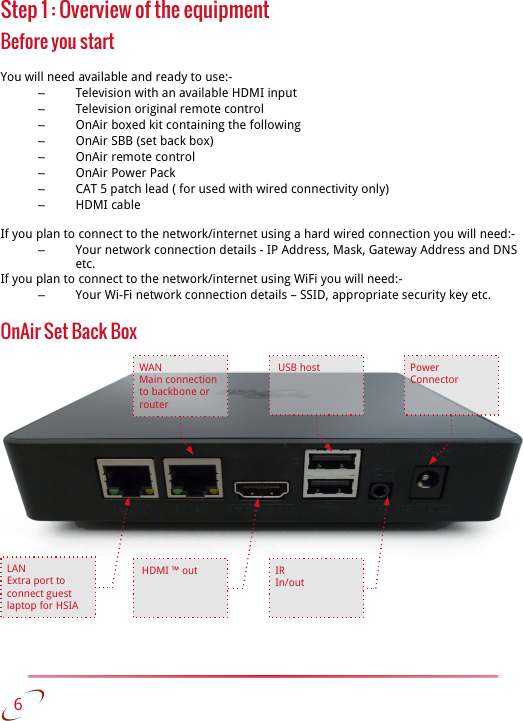 Step 1 : Overview of the equipmentBefore you startYou will need available and ready to use:-–Television with an available HDMI input–Television original remote control–OnAir boxed kit containing the following–OnAir SBB (set back box)–OnAir remote control–OnAir Power Pack–CAT 5 patch lead ( for used with wired connectivity only)–HDMI cableIf you plan to connect to the network/internet using a hard wired connection you will need:-–Your network connection details - IP Address, Mask, Gateway Address and DNS etc.If you plan to connect to the network/internet using WiFi you will need:-–Your Wi-Fi network connection details – SSID, appropriate security key etc.OnAir Set Back Box   6WANMain connection to backbone or  routerLANExtra port to connect guest laptop for HSIA HDMI ™ out IRIn/outPowerConnector USB host