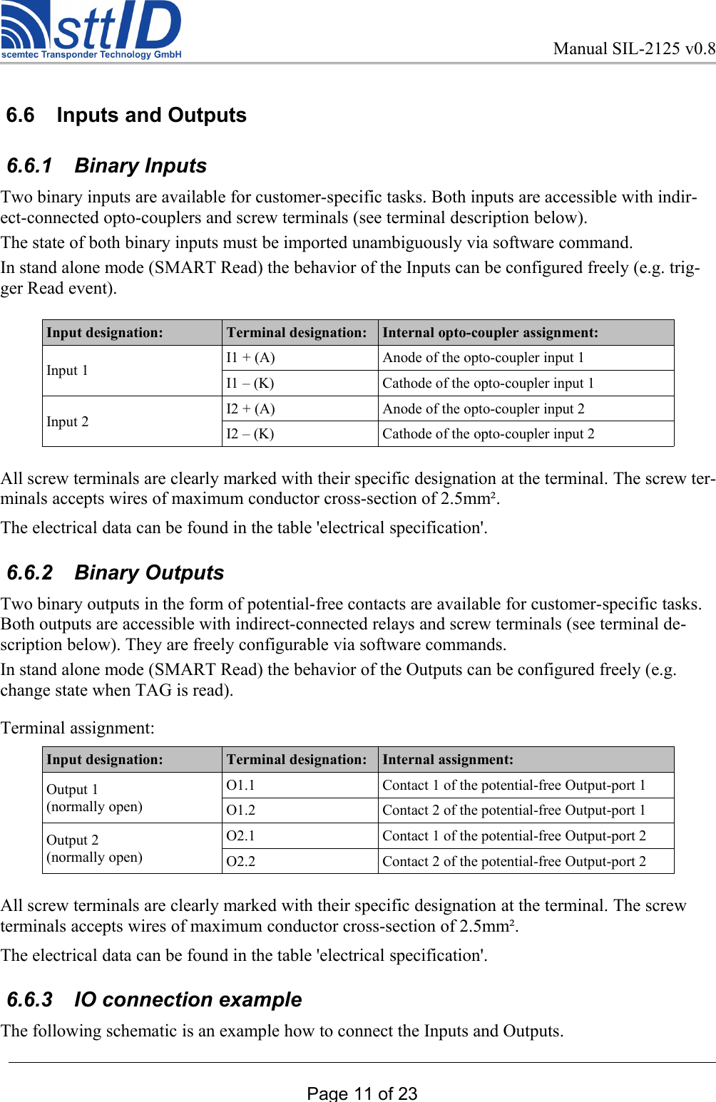 Manual SIL-2125 v0.8 6.6  Inputs and Outputs 6.6.1  Binary InputsTwo binary inputs are available for customer-specific tasks. Both inputs are accessible with indir-ect-connected opto-couplers and screw terminals (see terminal description below).The state of both binary inputs must be imported unambiguously via software command.In stand alone mode (SMART Read) the behavior of the Inputs can be configured freely (e.g. trig-ger Read event).Input designation: Terminal designation: Internal opto-coupler assignment:Input 1  I1 + (A)  Anode of the opto-coupler input 1 I1 – (K)  Cathode of the opto-coupler input 1 Input 2 I2 + (A)  Anode of the opto-coupler input 2I2 – (K)  Cathode of the opto-coupler input 2All screw terminals are clearly marked with their specific designation at the terminal. The screw ter-minals accepts wires of maximum conductor cross-section of 2.5mm².The electrical data can be found in the table &apos;electrical specification&apos;. 6.6.2  Binary OutputsTwo binary outputs in the form of potential-free contacts are available for customer-specific tasks. Both outputs are accessible with indirect-connected relays and screw terminals (see terminal de-scription below). They are freely configurable via software commands. In stand alone mode (SMART Read) the behavior of the Outputs can be configured freely (e.g. change state when TAG is read).Terminal assignment: Input designation: Terminal designation: Internal assignment:Output 1 (normally open)O1.1  Contact 1 of the potential-free Output-port 1O1.2  Contact 2 of the potential-free Output-port 1Output 2(normally open)O2.1  Contact 1 of the potential-free Output-port 2O2.2 Contact 2 of the potential-free Output-port 2All screw terminals are clearly marked with their specific designation at the terminal. The screw terminals accepts wires of maximum conductor cross-section of 2.5mm².The electrical data can be found in the table &apos;electrical specification&apos;. 6.6.3  IO connection exampleThe following schematic is an example how to connect the Inputs and Outputs. Page 11 of 23