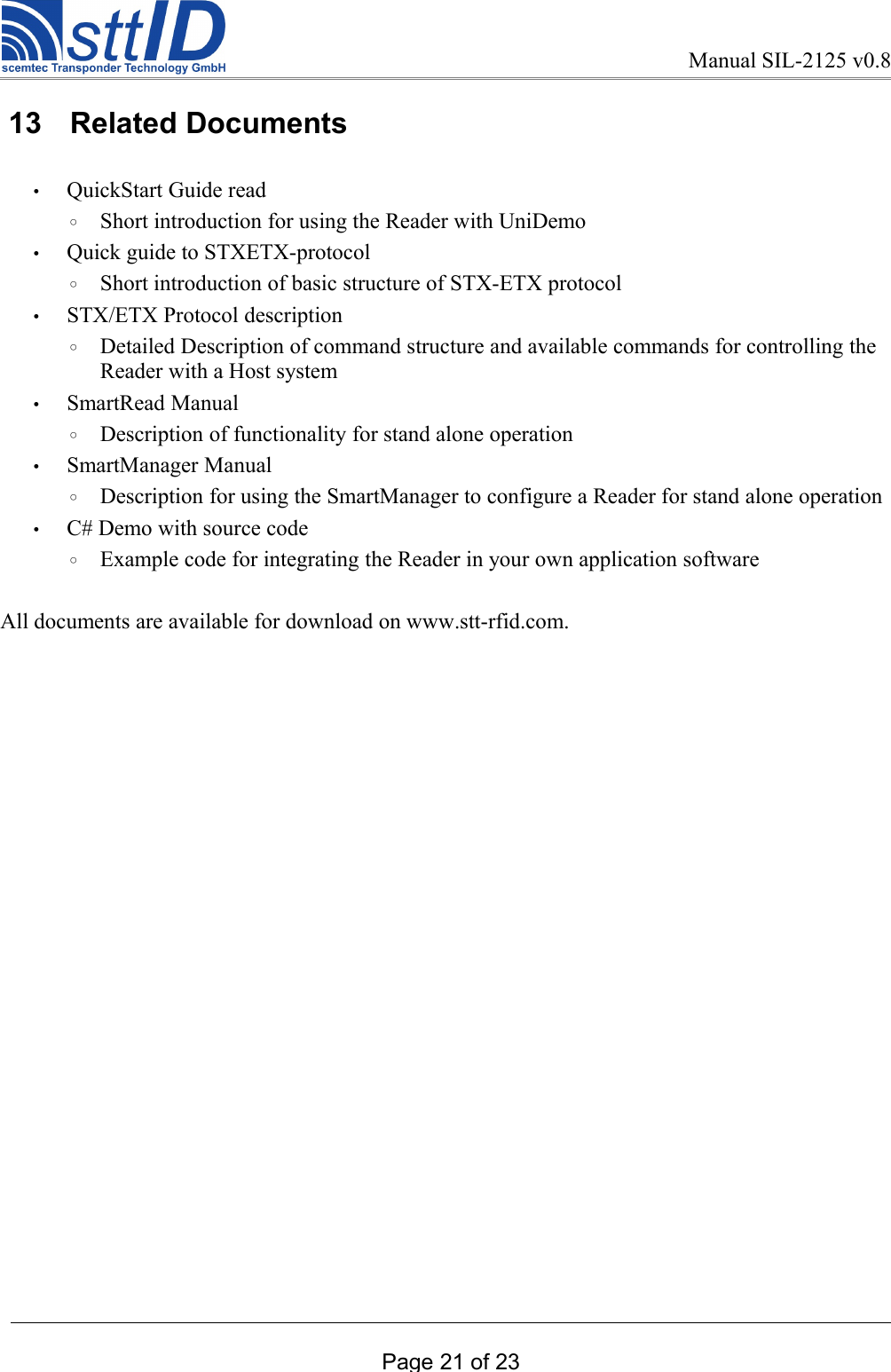 Manual SIL-2125 v0.8 13  Related Documents•QuickStart Guide read◦Short introduction for using the Reader with UniDemo •Quick guide to STXETX-protocol◦Short introduction of basic structure of STX-ETX protocol•STX/ETX Protocol description◦Detailed Description of command structure and available commands for controlling the Reader with a Host system•SmartRead Manual◦Description of functionality for stand alone operation•SmartManager Manual◦Description for using the SmartManager to configure a Reader for stand alone operation•C# Demo with source code ◦Example code for integrating the Reader in your own application softwareAll documents are available for download on www.stt-rfid.com. Page 21 of 23