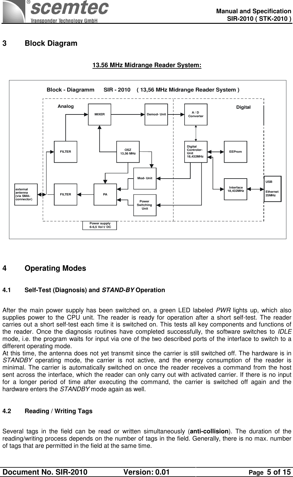   Manual and Specification SIR-2010 ( STK-2010 ) Document No. SIR-2010  Version: 0.01  Page  5 of 15   3  Block Diagram  13.56 MHz Midrange Reader System:  Power supply6-6,5 Vol t/ DCexternalantenna(via SMA-connector)Mod- UnitFILTERPower Switching UnitFILTERMIXEROSZ13,56 MHzDemod- UnitA / D ConverterUSBEthernet25MHzEEPromDigitalControler-Unit18,432MHz  Interface18,432MHzBlock - Diagramm      SIR - 2010    ( 13,56 MHz Midrange Reader System )PAAnalogDigital   4  Operating Modes 4.1  Self-Test (Diagnosis) and STAND-BY Operation  After  the  main  power supply has  been switched on, a  green LED labeled PWR lights up, which also supplies power  to the CPU  unit.  The  reader  is  ready for operation after a short self-test.  The  reader carries out a short self-test each time it is switched on. This tests all key components and functions of the  reader.  Once  the  diagnosis routines have completed successfully, the software  switches to  IDLE mode, i.e. the program waits for input via one of the two described ports of the interface to switch to a different operating mode.  At this time, the antenna does not yet transmit since the carrier is still switched off. The hardware is in STANDBY  operating  mode,  the  carrier  is  not  active,  and  the  energy  consumption  of  the  reader  is minimal. The carrier is automatically switched on once the reader receives a command from the host sent across the interface, which the reader can only carry out with activated carrier. If there is no input for  a  longer  period  of  time  after  executing  the  command,  the  carrier  is  switched  off  again  and  the hardware enters the STANDBY mode again as well.  4.2  Reading / Writing Tags  Several  tags  in  the  field  can  be  read  or  written  simultaneously  (anti-collision). The  duration  of  the reading/writing process depends on the number of tags in the field. Generally, there is no max. number of tags that are permitted in the field at the same time. 