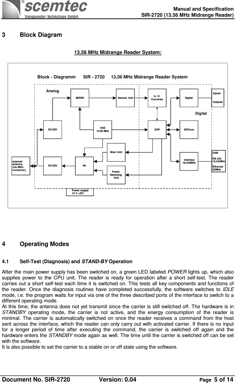    Manual and Specification  SIR-2720 (13.56 MHz Midrange Reader)  Document No. SIR-2720  Version: 0.04  Page  5 of 14   3  Block Diagram  13.56 MHz Midrange Reader System:  Power supply12 V =/DCexternalantenna(via BNC-connector)Mod- UnitFILTERPower Switching UnitFILTERMIXEROSZ13,56 MHzDemod- UnitA / D ConverterDigitalInputsOutputsUSBRS 232Ethernet25MHz18,432MHzDSPEEProm  Interface18,432MHzBlock - Diagramm      SIR - 2720     13,56 MHz Midrange Reader SystemPAAnalogDigital   4  Operating Modes 4.1  Self-Test (Diagnosis) and STAND-BY Operation After the main power supply has been switched on, a green LED labeled POWER lights up, which also supplies  power  to  the  CPU  unit.  The  reader  is  ready  for  operation  after  a  short  self-test.  The  reader carries out a short self-test each time it is switched on. This tests all key components and functions of the  reader.  Once  the  diagnosis  routines  have  completed  successfully,  the  software  switches  to  IDLE mode, i.e. the program waits for input via one of the three described ports of the interface to switch to a different operating mode.  At this time, the antenna does not yet transmit since the carrier is still switched off. The hardware is in STANDBY  operating  mode,  the  carrier  is  not  active,  and  the  energy  consumption  of  the  reader  is minimal. The  carrier  is  automatically  switched on once the reader receives a command from the host sent across the interface, which the reader can only carry out with activated carrier. If there is no input for  a  longer  period  of  time  after  executing  the  command,  the  carrier  is  switched  off  again  and  the hardware enters the STANDBY mode again as well. The time until the carrier is switched off can be set with the software.  It is also possible to set the carrier to a stable on or off state using the software. 