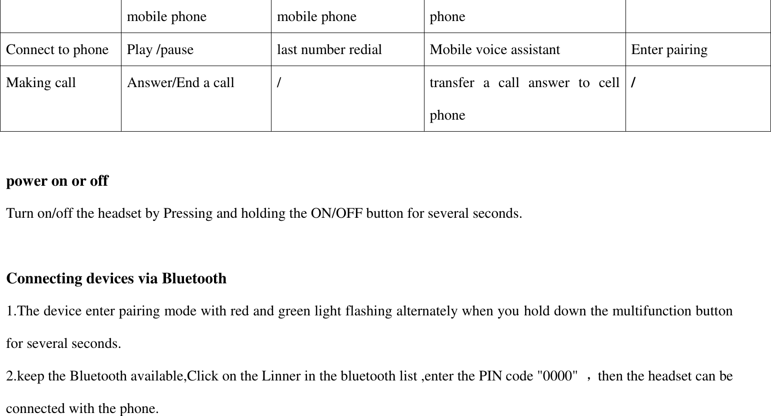 mobile phone mobile phone phone Connect to phone Play /pause last number redial   Mobile voice assistant Enter pairing Making call Answer/End a call / transfer  a  call  answer  to  cell phone /  power on or off Turn on/off the headset by Pressing and holding the ON/OFF button for several seconds.    Connecting devices via Bluetooth 1.The device enter pairing mode with red and green light flashing alternately when you hold down the multifunction button for several seconds. 2.keep the Bluetooth available,Click on the Linner in the bluetooth list ,enter the PIN code "0000"  ，then the headset can be connected with the phone.  