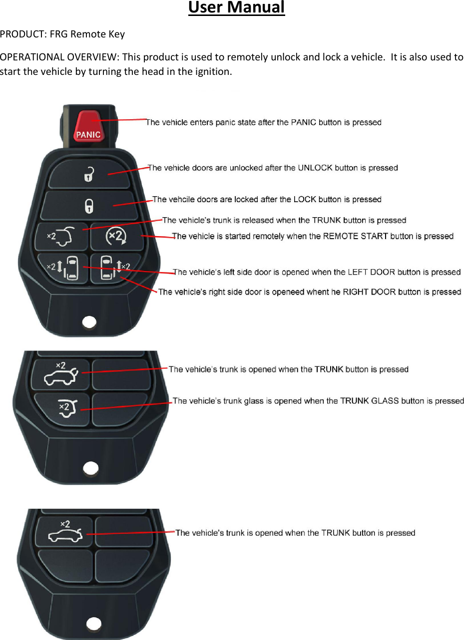User Manual PRODUCT: FRG Remote Key OPERATIONAL OVERVIEW: This product is used to remotely unlock and lock a vehicle.  It is also used to start the vehicle by turning the head in the ignition.  