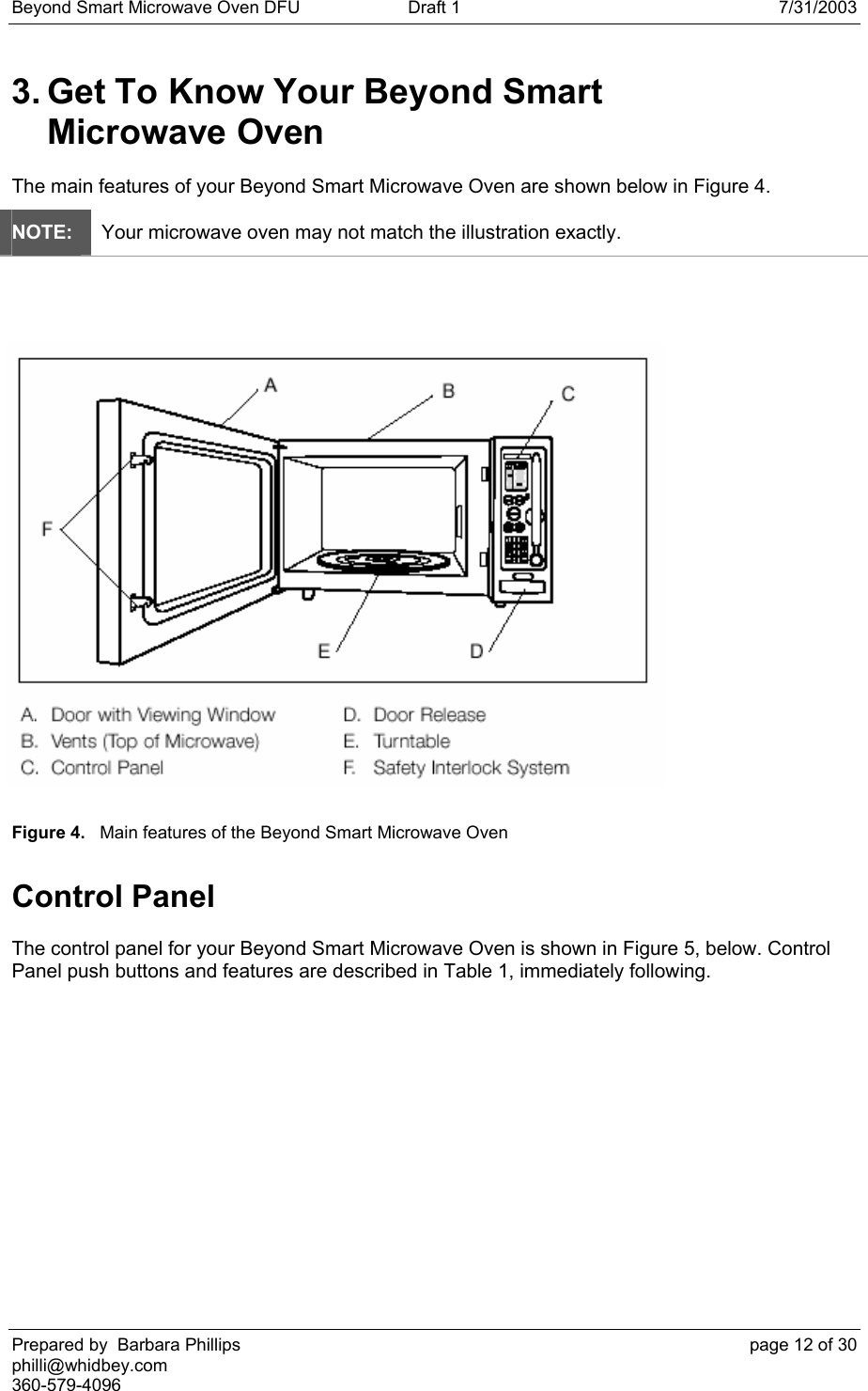 Beyond Smart Microwave Oven DFU  Draft 1  7/31/2003 Prepared by  Barbara Phillips    page 12 of 30 philli@whidbey.com    360-579-4096 3. Get To Know Your Beyond Smart  Microwave Oven The main features of your Beyond Smart Microwave Oven are shown below in Figure 4.  NOTE: Your microwave oven may not match the illustration exactly.  Figure 4.   Main features of the Beyond Smart Microwave Oven Control Panel The control panel for your Beyond Smart Microwave Oven is shown in Figure 5, below. Control Panel push buttons and features are described in Table 1, immediately following. 