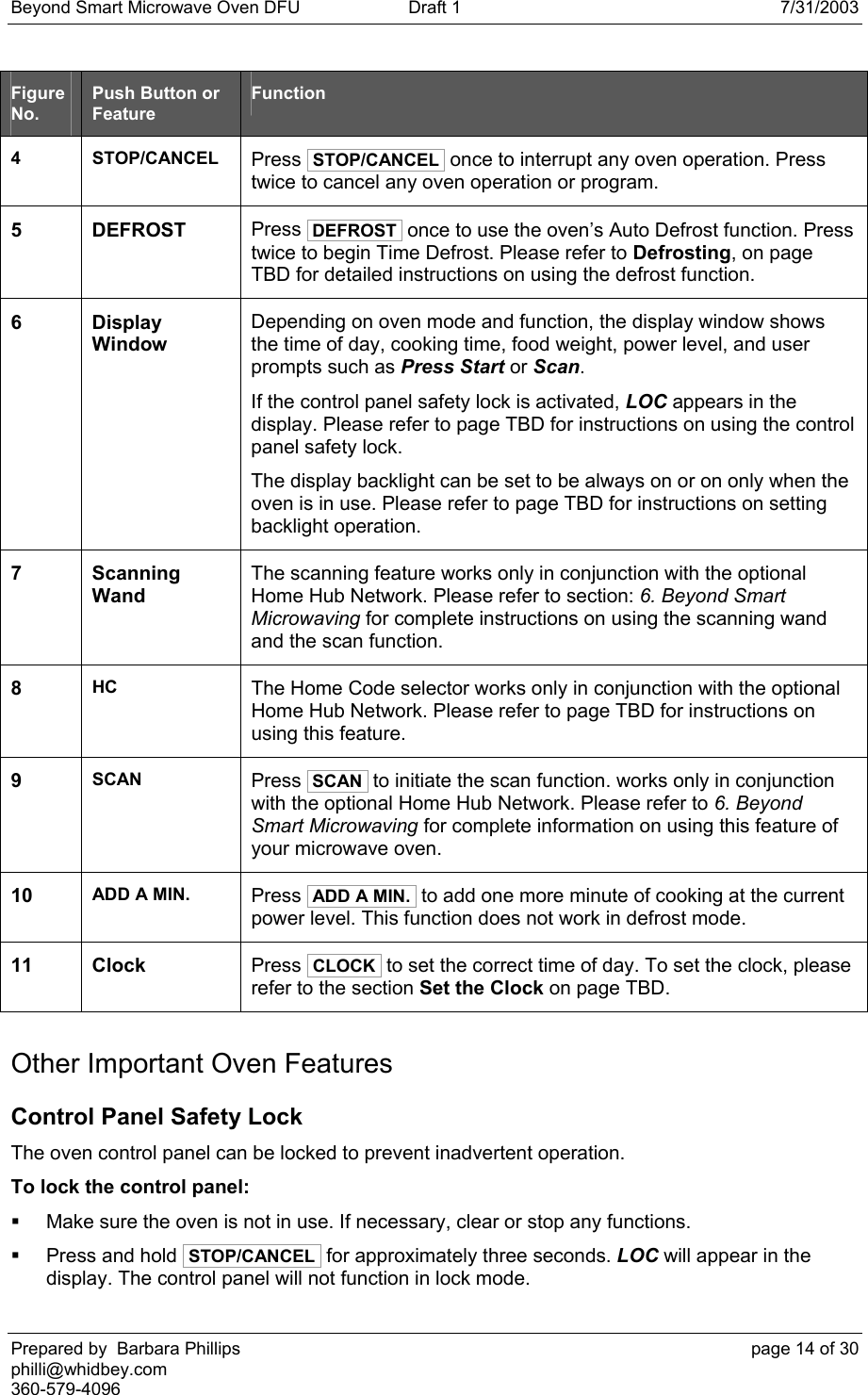 Beyond Smart Microwave Oven DFU  Draft 1  7/31/2003 Prepared by  Barbara Phillips    page 14 of 30 philli@whidbey.com    360-579-4096 Figure No. Push Button or Feature Function 4 STOP/CANCEL Press  STOP/CANCEL  once to interrupt any oven operation. Press twice to cancel any oven operation or program. 5 DEFROST Press  DEFROST  once to use the oven’s Auto Defrost function. Press twice to begin Time Defrost. Please refer to Defrosting, on page TBD for detailed instructions on using the defrost function. 6 Display Window Depending on oven mode and function, the display window shows the time of day, cooking time, food weight, power level, and user prompts such as Press Start or Scan. If the control panel safety lock is activated, LOC appears in the display. Please refer to page TBD for instructions on using the control panel safety lock. The display backlight can be set to be always on or on only when the oven is in use. Please refer to page TBD for instructions on setting backlight operation. 7 Scanning Wand The scanning feature works only in conjunction with the optional Home Hub Network. Please refer to section: 6. Beyond Smart Microwaving for complete instructions on using the scanning wand and the scan function. 8  HC  The Home Code selector works only in conjunction with the optional Home Hub Network. Please refer to page TBD for instructions on using this feature. 9  SCAN  Press  SCAN  to initiate the scan function. works only in conjunction with the optional Home Hub Network. Please refer to 6. Beyond Smart Microwaving for complete information on using this feature of your microwave oven. 10  ADD A MIN.  Press  ADD A MIN.  to add one more minute of cooking at the current power level. This function does not work in defrost mode. 11 Clock  Press  CLOCK  to set the correct time of day. To set the clock, please refer to the section Set the Clock on page TBD. Other Important Oven Features Control Panel Safety Lock The oven control panel can be locked to prevent inadvertent operation. To lock the control panel:   Make sure the oven is not in use. If necessary, clear or stop any functions.   Press and hold  STOP/CANCEL  for approximately three seconds. LOC will appear in the display. The control panel will not function in lock mode. 