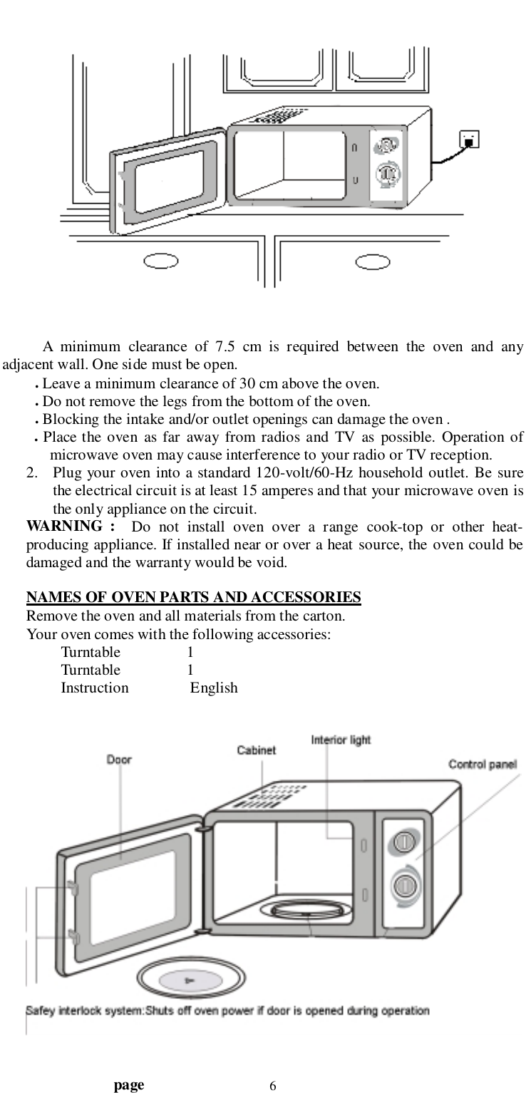                                  page 6A minimum clearance of 7.5 cm is required between the oven and anyadjacent wall. One side must be open.. Leave a minimum clearance of 30 cm above the oven.. Do not remove the legs from the bottom of the oven.. Blocking the intake and/or outlet openings can damage the oven .. Place the oven as far away from radios and TV as possible. Operation ofmicrowave oven may cause interference to your radio or TV reception.2. Plug your oven into a standard 120-volt/60-Hz household outlet. Be surethe electrical circuit is at least 15 amperes and that your microwave oven isthe only appliance on the circuit.WARNING :  Do not install oven over a range cook-top or other heat-producing appliance. If installed near or over a heat source, the oven could bedamaged and the warranty would be void.NAMES OF OVEN PARTS AND ACCESSORIESRemove the oven and all materials from the carton.Your oven comes with the following accessories:         Turntable                 1         Turntable                 1         Instruction                English