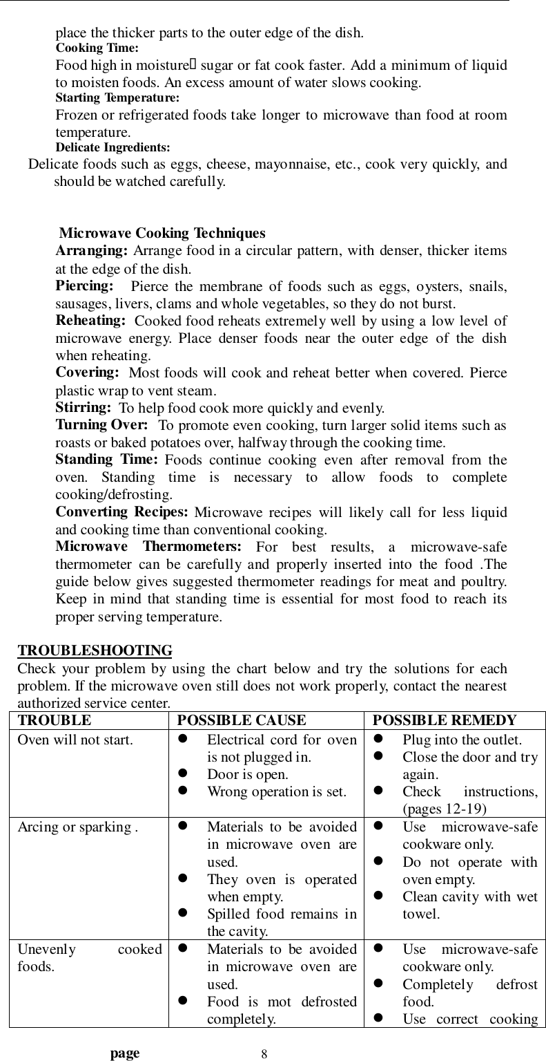                                  page 8place the thicker parts to the outer edge of the dish.Cooking Time:Food high in moisture&quot; sugar or fat cook faster. Add a minimum of liquidto moisten foods. An excess amount of water slows cooking.Starting Temperature:Frozen or refrigerated foods take longer to microwave than food at roomtemperature.Delicate Ingredients:       Delicate foods such as eggs, cheese, mayonnaise, etc., cook very quickly, andshould be watched carefully. Microwave Cooking TechniquesArranging: Arrange food in a circular pattern, with denser, thicker itemsat the edge of the dish.Piercing:   Pierce the membrane of foods such as eggs, oysters, snails,sausages, livers, clams and whole vegetables, so they do not burst.Reheating:  Cooked food reheats extremely well by using a low level ofmicrowave energy. Place denser foods near the outer edge of the dishwhen reheating.Covering:  Most foods will cook and reheat better when covered. Pierceplastic wrap to vent steam.Stirring:  To help food cook more quickly and evenly.Turning Over:  To promote even cooking, turn larger solid items such asroasts or baked potatoes over, halfway through the cooking time.Standing Time: Foods continue cooking even after removal from theoven. Standing time is necessary to allow foods to completecooking/defrosting.Converting Recipes: Microwave recipes will likely call for less liquidand cooking time than conventional cooking.Microwave Thermometers: For best results, a microwave-safethermometer can be carefully and properly inserted into the food .Theguide below gives suggested thermometer readings for meat and poultry.Keep in mind that standing time is essential for most food to reach itsproper serving temperature.TROUBLESHOOTINGCheck your problem by using the chart below and try the solutions for eachproblem. If the microwave oven still does not work properly, contact the nearestauthorized service center.TROUBLE POSSIBLE CAUSE POSSIBLE REMEDYOven will not start. ! Electrical cord for ovenis not plugged in.! Door is open.! Wrong operation is set.! Plug into the outlet.! Close the door and tryagain.! Check instructions,(pages 12-19)Arcing or sparking . ! Materials to be avoidedin microwave oven areused.! They oven is operatedwhen empty.! Spilled food remains inthe cavity.! Use microwave-safecookware only.! Do not operate withoven empty.! Clean cavity with wettowel.Unevenly cookedfoods.! Materials to be avoidedin microwave oven areused.! Food is mot defrostedcompletely.! Use microwave-safecookware only.! Completely defrostfood.! Use correct cooking