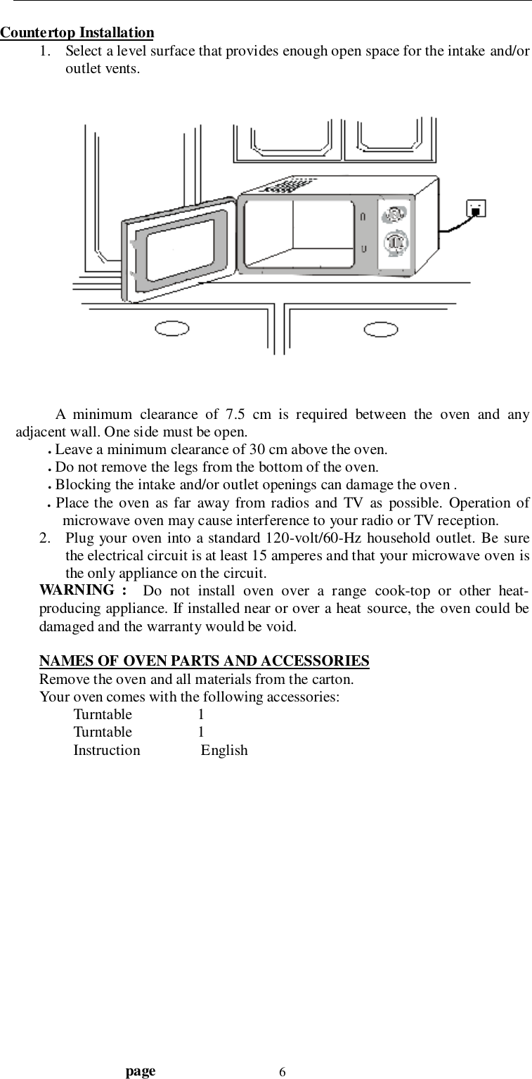                                 page 6Countertop Installation1. Select a level surface that provides enough open space for the intake and/oroutlet vents.A minimum clearance of 7.5 cm is required between the oven and anyadjacent wall. One side must be open.. Leave a minimum clearance of 30 cm above the oven.. Do not remove the legs from the bottom of the oven.. Blocking the intake and/or outlet openings can damage the oven .. Place the oven as far away from radios and TV as possible. Operation ofmicrowave oven may cause interference to your radio or TV reception.2. Plug your oven into a standard 120-volt/60-Hz household outlet. Be surethe electrical circuit is at least 15 amperes and that your microwave oven isthe only appliance on the circuit.WARNING :  Do not install oven over a range cook-top or other heat-producing appliance. If installed near or over a heat source, the oven could bedamaged and the warranty would be void.NAMES OF OVEN PARTS AND ACCESSORIESRemove the oven and all materials from the carton.Your oven comes with the following accessories:         Turntable                 1         Turntable                 1         Instruction                English