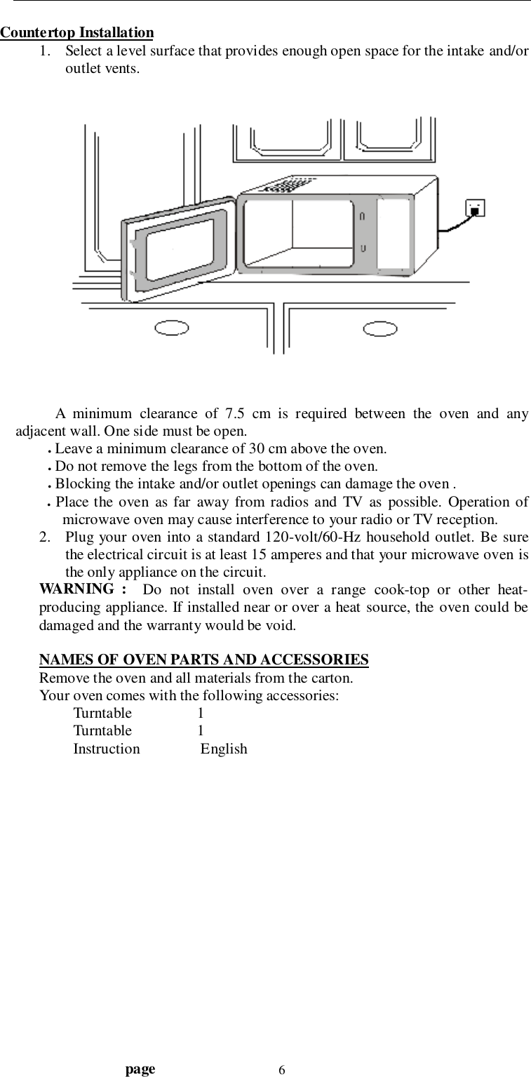                                  page 6Countertop Installation1. Select a level surface that provides enough open space for the intake and/oroutlet vents.A minimum clearance of 7.5 cm is required between the oven and anyadjacent wall. One side must be open.. Leave a minimum clearance of 30 cm above the oven.. Do not remove the legs from the bottom of the oven.. Blocking the intake and/or outlet openings can damage the oven .. Place the oven as far away from radios and TV as possible. Operation ofmicrowave oven may cause interference to your radio or TV reception.2. Plug your oven into a standard 120-volt/60-Hz household outlet. Be surethe electrical circuit is at least 15 amperes and that your microwave oven isthe only appliance on the circuit.WARNING :  Do not install oven over a range cook-top or other heat-producing appliance. If installed near or over a heat source, the oven could bedamaged and the warranty would be void.NAMES OF OVEN PARTS AND ACCESSORIESRemove the oven and all materials from the carton.Your oven comes with the following accessories:         Turntable                 1         Turntable                 1         Instruction                English