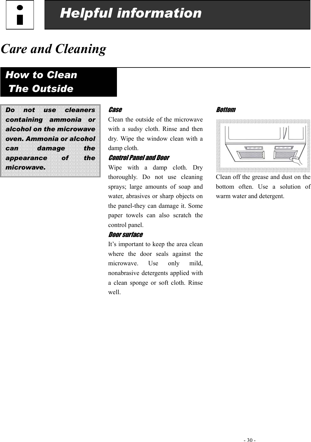   - 30 - Helpful information       Care and Cleaning  How to Clean The Outside  Do not use cleaners containing ammonia or alcohol on the microwave oven. Ammonia or alcohol can damage the appearance of  the microwave.                   Case Clean the outside of the microwave with a sudsy cloth. Rinse and then dry. Wipe the window clean with a damp cloth. Control Panel and Door Wipe with a damp cloth. Dry thoroughly. Do not use cleaning sprays; large amounts of soap and water, abrasives or sharp objects on the panel-they can damage it. Some paper towels can also scratch the control panel. Door surface It’s important to keep the area clean where the door seals against the microwave. Use only mild, nonabrasive detergents applied with a clean sponge or soft cloth. Rinse well.      Bottom       Clean off the grease and dust on the bottom often. Use a solution of warm water and detergent.           