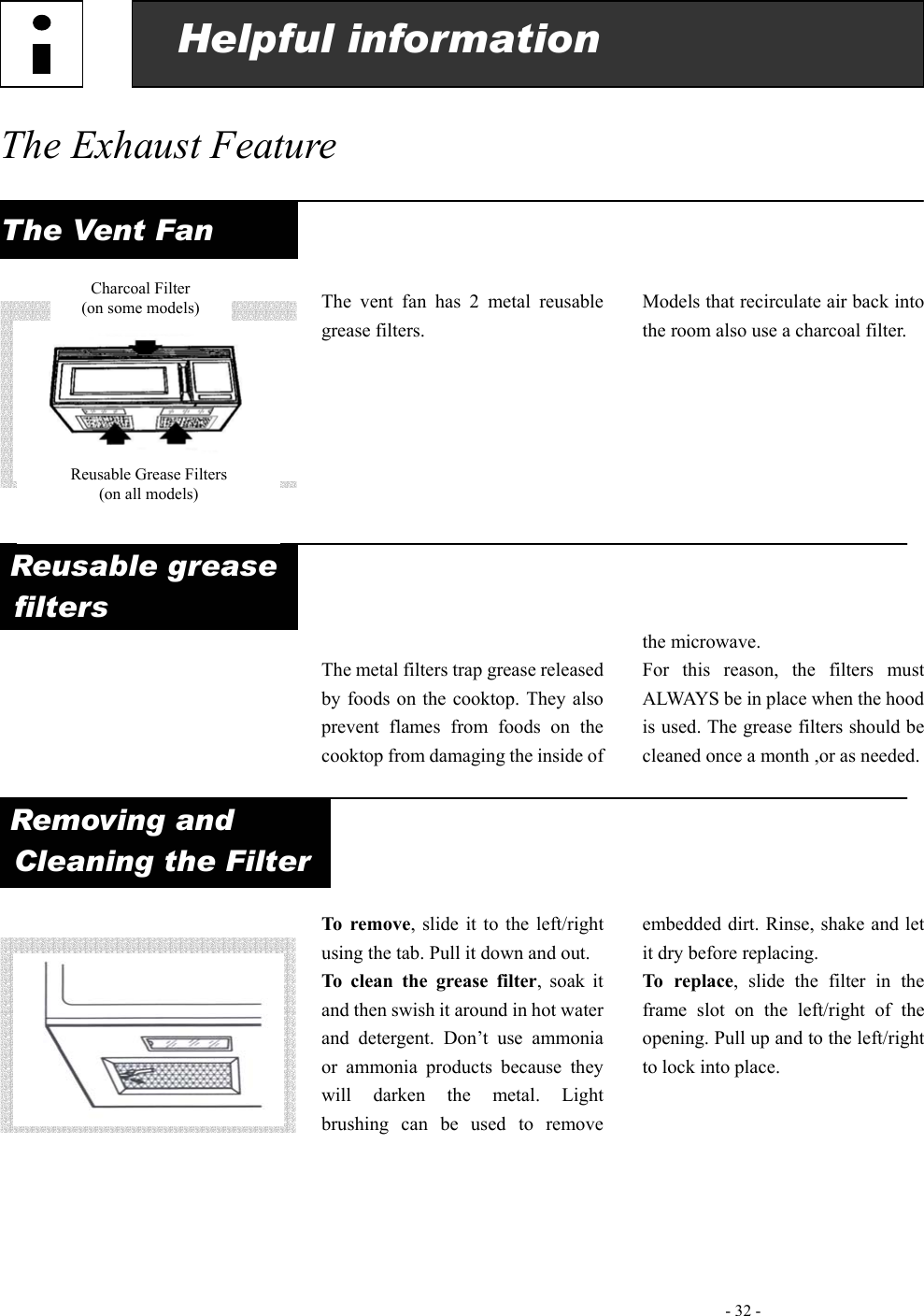   - 32 - Helpful information             The Exhaust Feature  The Vent Fan     The vent fan has 2 metal reusable grease filters.  Models that recirculate air back into the room also use a charcoal filter.      Reusable grease  filters       The metal filters trap grease released by foods on the cooktop. They also prevent flames from foods on the cooktop from damaging the inside of the microwave. For this reason, the filters must ALWAYS be in place when the hood is used. The grease filters should be cleaned once a month ,or as needed.  Removing and  Cleaning the Filter          To remove, slide it to the left/right using the tab. Pull it down and out. To clean the grease filter, soak it and then swish it around in hot water and detergent. Don’t use ammonia or ammonia products because they will darken the metal. Light brushing can be used to remove embedded dirt. Rinse, shake and let it dry before replacing. To repla ce, slide the filter in the frame slot on the left/right of the opening. Pull up and to the left/right to lock into place.     Charcoal Filter (on some models) Reusable Grease Filters (on all models) 