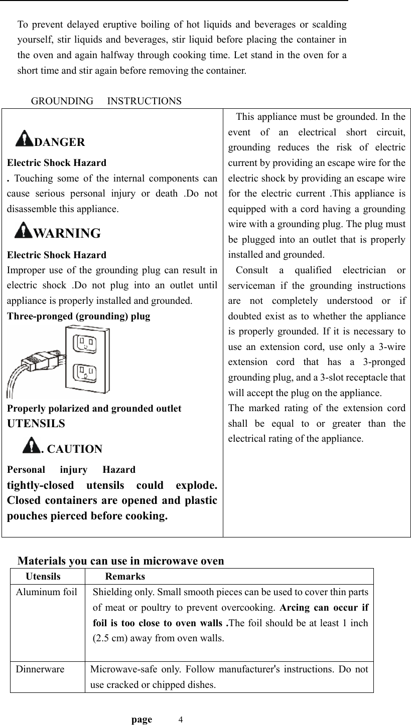                                   page    4 To prevent delayed eruptive boiling of hot liquids and beverages or scalding yourself, stir liquids and beverages, stir liquid before placing the container in the oven and again halfway through cooking time. Let stand in the oven for a short time and stir again before removing the container.                GROUNDING   INSTRUCTIONS                       DANGER Electric Shock Hazard .  Touching some of the internal components can cause serious personal injury or death .Do not disassemble this appliance. WARNING Electric Shock Hazard Improper use of the grounding plug can result in electric shock .Do not plug into an outlet until appliance is properly installed and grounded. Three-pronged (grounding) plug  Properly polarized and grounded outlet   UTENSILS . CAUTION Personal   injury   Hazard tightly-closed utensils could explode. Closed containers are opened and plastic pouches pierced before cooking. This appliance must be grounded. In the event of an electrical short circuit, grounding reduces the risk of electric current by providing an escape wire for the electric shock by providing an escape wire for the electric current .This appliance is equipped with a cord having a grounding wire with a grounding plug. The plug must be plugged into an outlet that is properly installed and grounded. Consult a qualified electrician or serviceman if the grounding instructions are not completely understood or if doubted exist as to whether the appliance is properly grounded. If it is necessary to use an extension cord, use only a 3-wire extension cord that has a 3-pronged grounding plug, and a 3-slot receptacle that will accept the plug on the appliance. The marked rating of the extension cord shall be equal to or greater than the electrical rating of the appliance.  Materials you can use in microwave oven   Utensils     Remarks Aluminum foil  Shielding only. Small smooth pieces can be used to cover thin parts of meat or poultry to prevent overcooking. Arcing can occur if foil is too close to oven walls .The foil should be at least 1 inch (2.5 cm) away from oven walls.          Dinnerware   Microwave-safe only. Follow manufacturer&apos;s instructions. Do not use cracked or chipped dishes. 