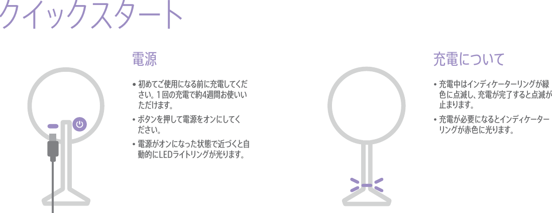 クイックスタート電源•  初めてご使用になる前に充電してください。１回の充電で約4週間お使いいただけます。•  ボタンを押して電源をオンにしてください。•  電源がオンになった状態で近づくと自動的にLEDライトリングが光ります。充電について•  充電中はインディケーターリングが緑色に点滅し、充電が完了すると点滅が止まります。•  充電が必要になるとインディケーターリングが赤色に光ります。