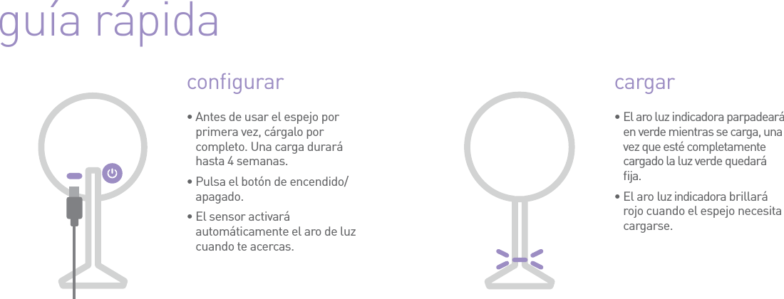 guía rápidaconﬁgurar•  Antes de usar el espejo por primera vez, cárgalo por completo. Una carga durará hasta 4 semanas.•  Pulsa el botón de encendido/apagado.•  El sensor activará automáticamente el aro de luz cuando te acercas.cargar•  El aro luz indicadora parpadeará en verde mientras se carga, una vez que esté completamente cargado la luz verde quedará ﬁja.•  El aro luz indicadora brillará rojo cuando el espejo necesita cargarse.