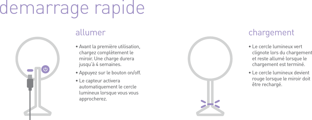 demarrage rapideallumer•  Avant la première utilisation, chargez complètement le miroir. Une charge durera jusqu’à 4 semaines.•  Appuyez sur le bouton on/off.•  Le capteur activera automatiquement le cercle lumineux lorsque vous vous approcherez.chargement•  Le cercle lumineux vert clignote lors du chargement et reste allumé lorsque le chargement est terminé.•  Le cercle lumineux devient rouge lorsque le miroir doit être rechargé.