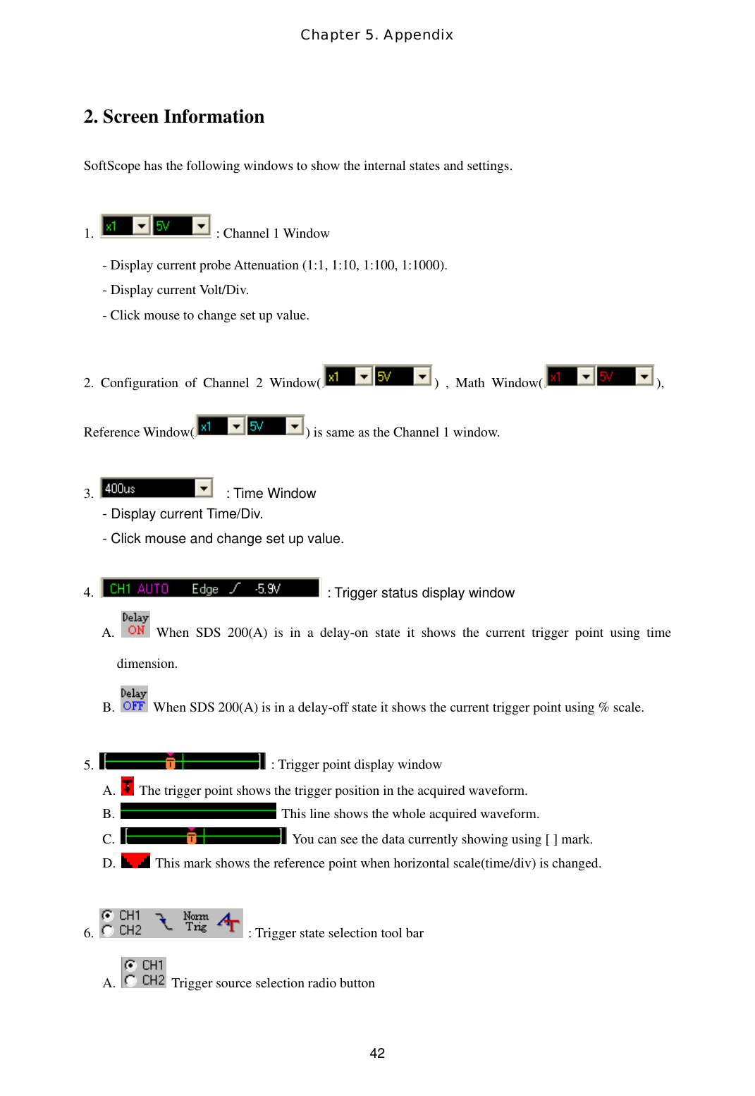 Chapter 5. Appendix  422. Screen Information  SoftScope has the following windows to show the internal states and settings.  1.    : Channel 1 Window - Display current probe Attenuation (1:1, 1:10, 1:100, 1:1000). - Display current Volt/Div. - Click mouse to change set up value.  2. Configuration of Channel 2 Window( ) , Math Window( ), Reference Window( ) is same as the Channel 1 window.   3.    : Time Window  - Display current Time/Div. - Click mouse and change set up value.  4.  : Trigger status display window A.   When SDS 200(A) is in a delay-on state it shows the current trigger point using time dimension. B.    When SDS 200(A) is in a delay-off state it shows the current trigger point using % scale.  5.    : Trigger point display window A.    The trigger point shows the trigger position in the acquired waveform. B.   This line shows the whole acquired waveform. C.    You can see the data currently showing using [ ] mark. D.   This mark shows the reference point when horizontal scale(time/div) is changed.  6.   : Trigger state selection tool bar A.    Trigger source selection radio button 