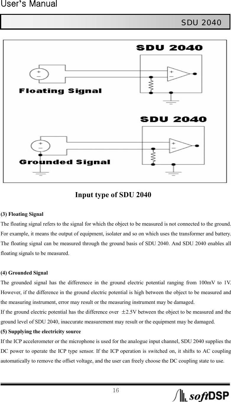  User’s Manual                                                             16                                                   SDU 2040                         Input type of SDU 2040    (3) Floating Signal The floating signal refers to the signal for which the object to be measured is not connected to the ground. For example, it means the output of equipment, isolater and so on which uses the transformer and battery. The floating signal can be measured through the ground basis of SDU 2040. And SDU 2040 enables all floating signals to be measured.  (4) Grounded Signal The grounded signal has the differenece in the ground electric potential ranging from 100mV to 1V. However, if the difference in the ground electric potential is high between the object to be measured and the measuring instrument, error may result or the measuring instrument may be damaged.   If the ground electric potential has the difference over  ±2.5V between the object to be measured and the ground level of SDU 2040, inaccurate measurement may result or the equipment may be damaged.   (5) Supplying the electricity source If the ICP accelerometer or the microphone is used for the analogue input channel, SDU 2040 supplies the DC power to operate the ICP type sensor. If the ICP operation is switched on, it shifts to AC coupling automatically to remove the offset voltage, and the user can freely choose the DC coupling state to use.    